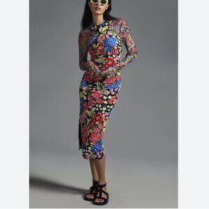 Anthropologie Mesh Halter Mock-Neck Dress Floral Bodycon Midi Stretchy Size XXS
